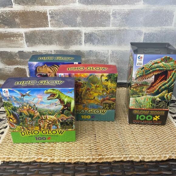 Four Puzzles Dino Glow Zone 100 piece puzzles Glow in the dark 2 New and 2 used - Picture 1 of 10